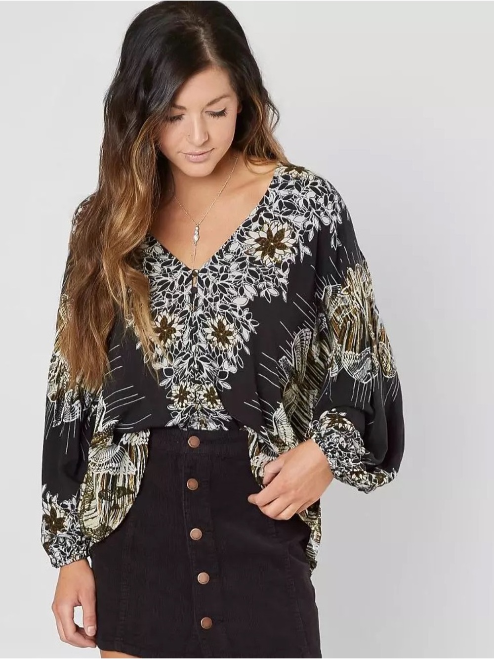 FREE PEOPLE Birds of a Feather Long Sleeve Printed Boho Top, Size Small